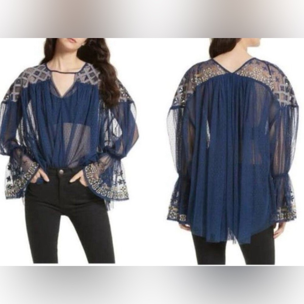 Free‎ People Joyride Sheer Top Blue Mesh Embroidered NWT